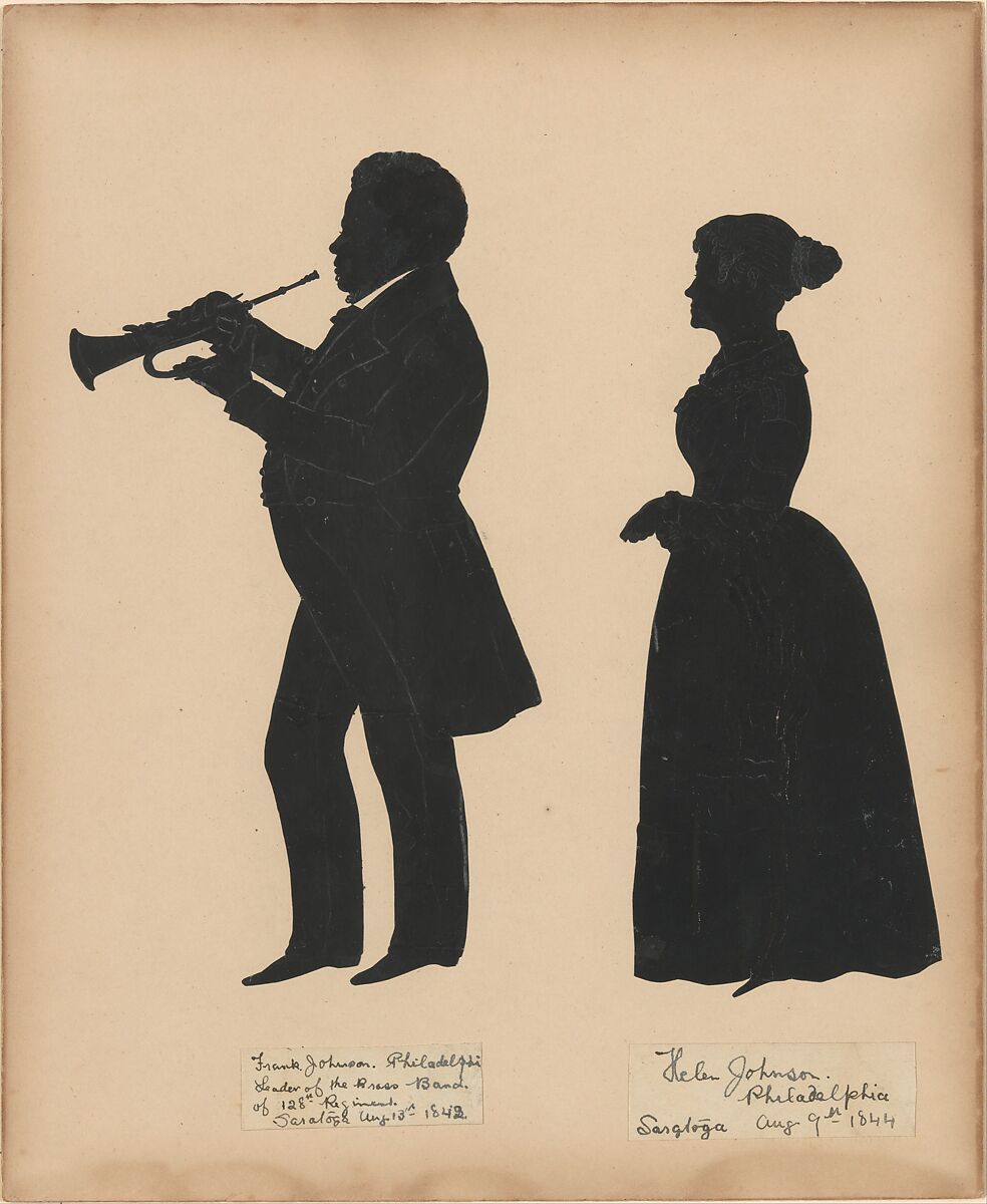 Frank Johnson, Leader of the Brass Band of the 128th Regiment in Saratoga, with his wife, Helen, Auguste Edouart (French, 1789–1861), Cut paper silhouettes mounted on board 