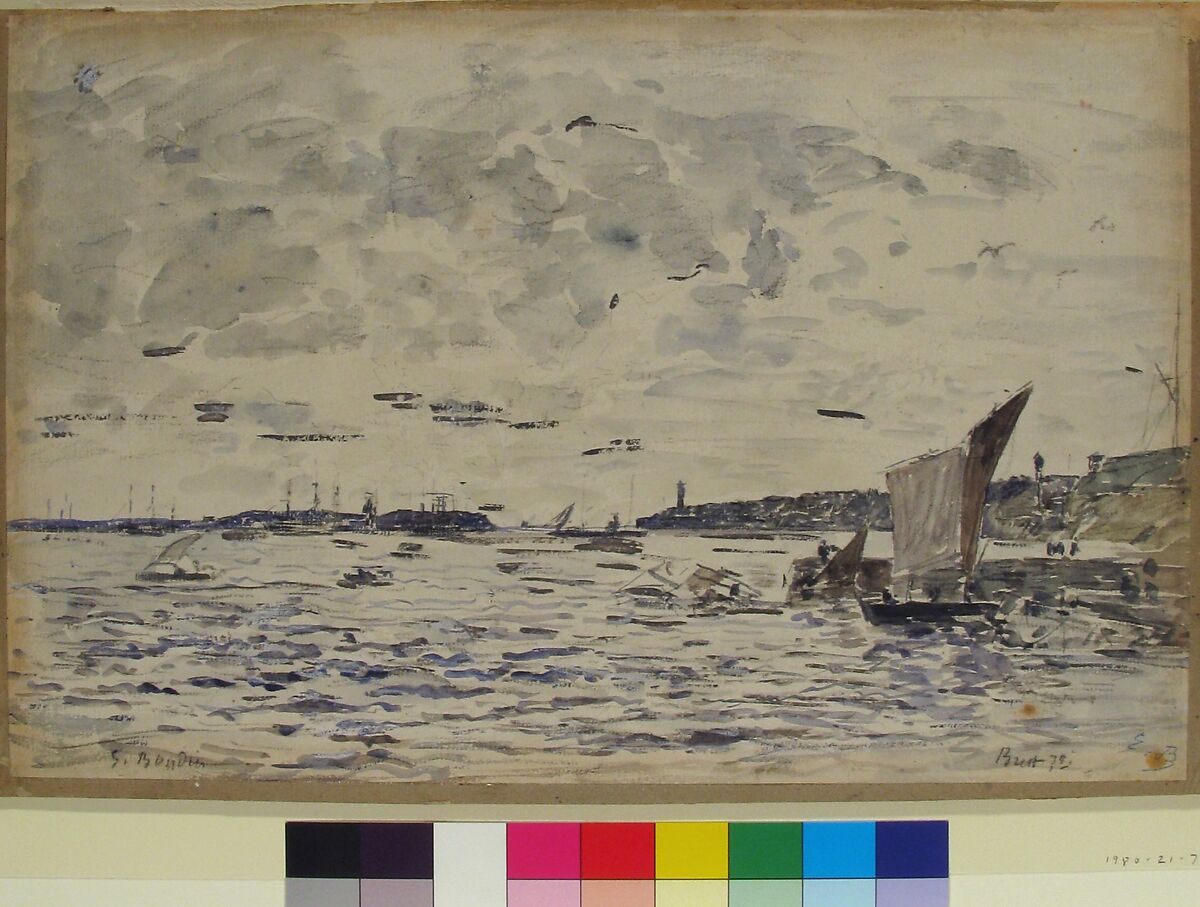 Harbor, Brest, Eugène Boudin (French, Honfleur 1824–1898 Deauville), Watercolor and gouache, over black chalk; lined