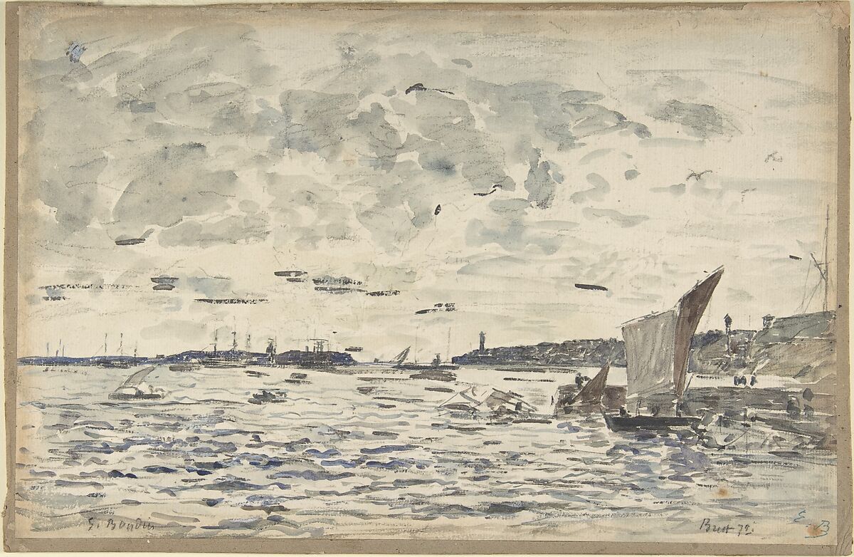 Harbor, Brest, Eugène Boudin (French, Honfleur 1824–1898 Deauville), Watercolor and gouache, over black chalk. Lined 