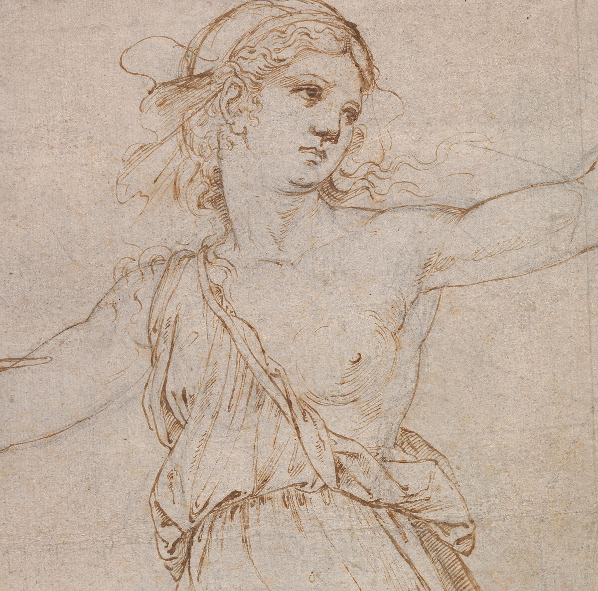 Lucretia, Raphael (Raffaello Sanzio or Santi) (Italian, Urbino 1483–1520 Rome), Pen and brown ink over black chalk, partially incised with a stylus (recto); rubbed with black chalk for transfer (verso)