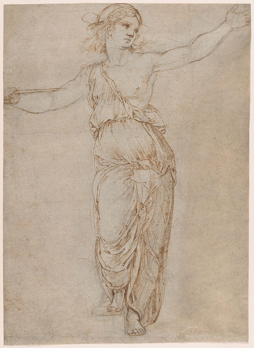 Lucretia, Raphael (Raffaello Sanzio or Santi) (Italian, Urbino 1483–1520 Rome), Pen and brown ink over black chalk, partially incised with a stylus (recto); rubbed with black chalk for transfer (verso) 