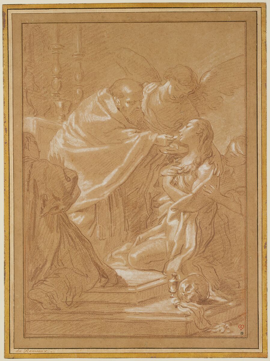 The Last Communion of St. Mary Magdalen, after Benedetto Luti, Louis Jean Jacques Durameau (French, Paris 1733–1796 Versailles), Red chalk, heightened with white, on brown paper.; framing lines in pen and brown ink 