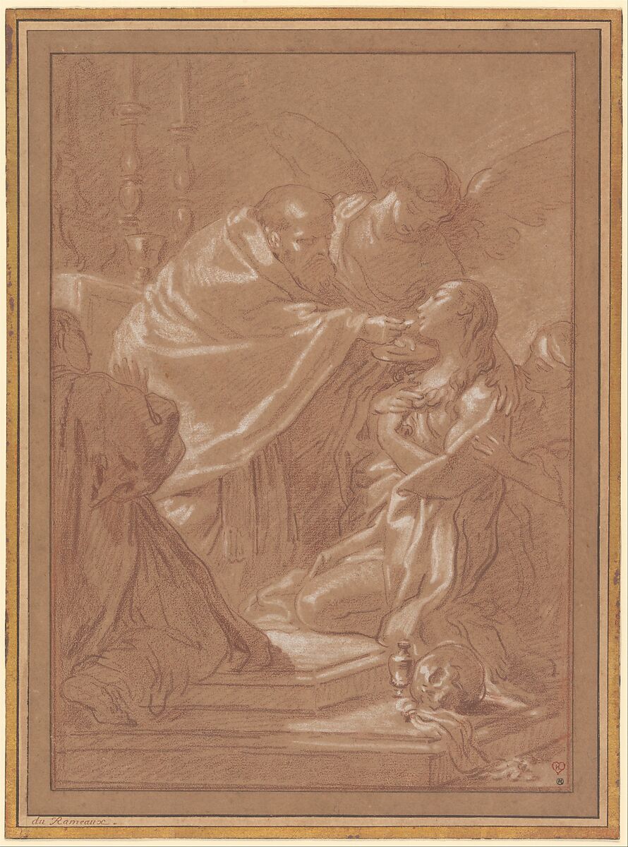 The Last Communion of St. Mary Magdalen, after Benedetto Luti, Louis Jean Jacques Durameau (French, Paris 1733–1796 Versailles), Red chalk, heightened with white; framing lines in pen and brown ink