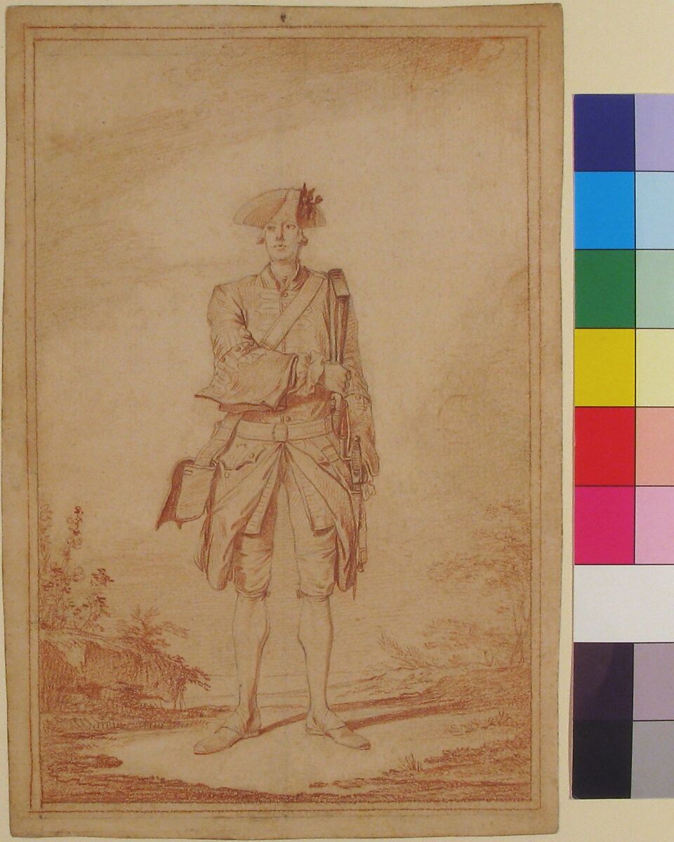 Standing Soldier: Garde Française, Charles Dominique Joseph Eisen (French, Valenciennes 1720–1778 Brussels), Red chalk over traces of graphite