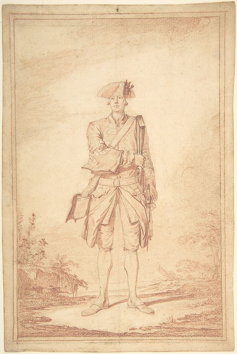 Standing Soldier: Garde Française, Charles Dominique Joseph Eisen (French, Valenciennes 1720–1778 Brussels), Red chalk over traces of graphite 