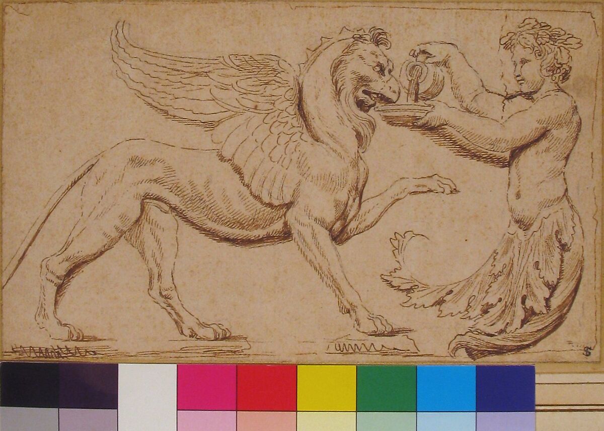 Foliate Amor Pouring a Drink for a Griffin, Charles Errard le fils (French, Nantes ca.1606/09–1689 Rome), Pen and brown ink, over graphite