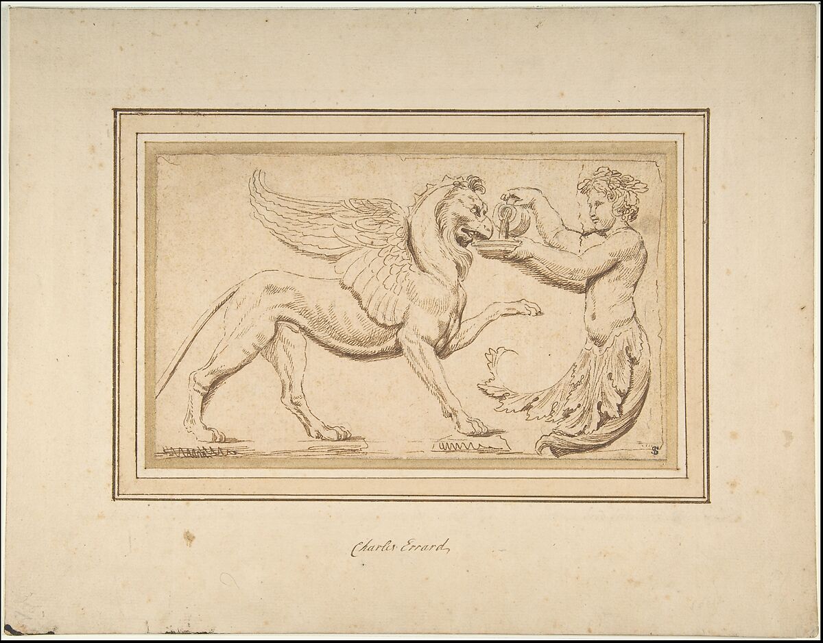 Foliate Amor Pouring a Drink for a Griffin, Charles Errard le fils (French, Nantes ca.1606/09–1689 Rome), Pen and brown ink, over graphite 