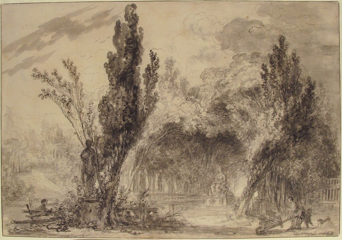 View of a Park, Jean Honoré Fragonard (French, Grasse 1732–1806 Paris), Black chalk, brush and gray wash, touches of black and brown wash; framing lines in pen and black ink