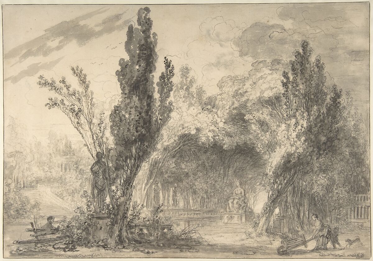 View of a Park, Jean Honoré Fragonard  French, Black chalk, brush and gray wash, touches of black and brown wash; framing lines in pen and black ink