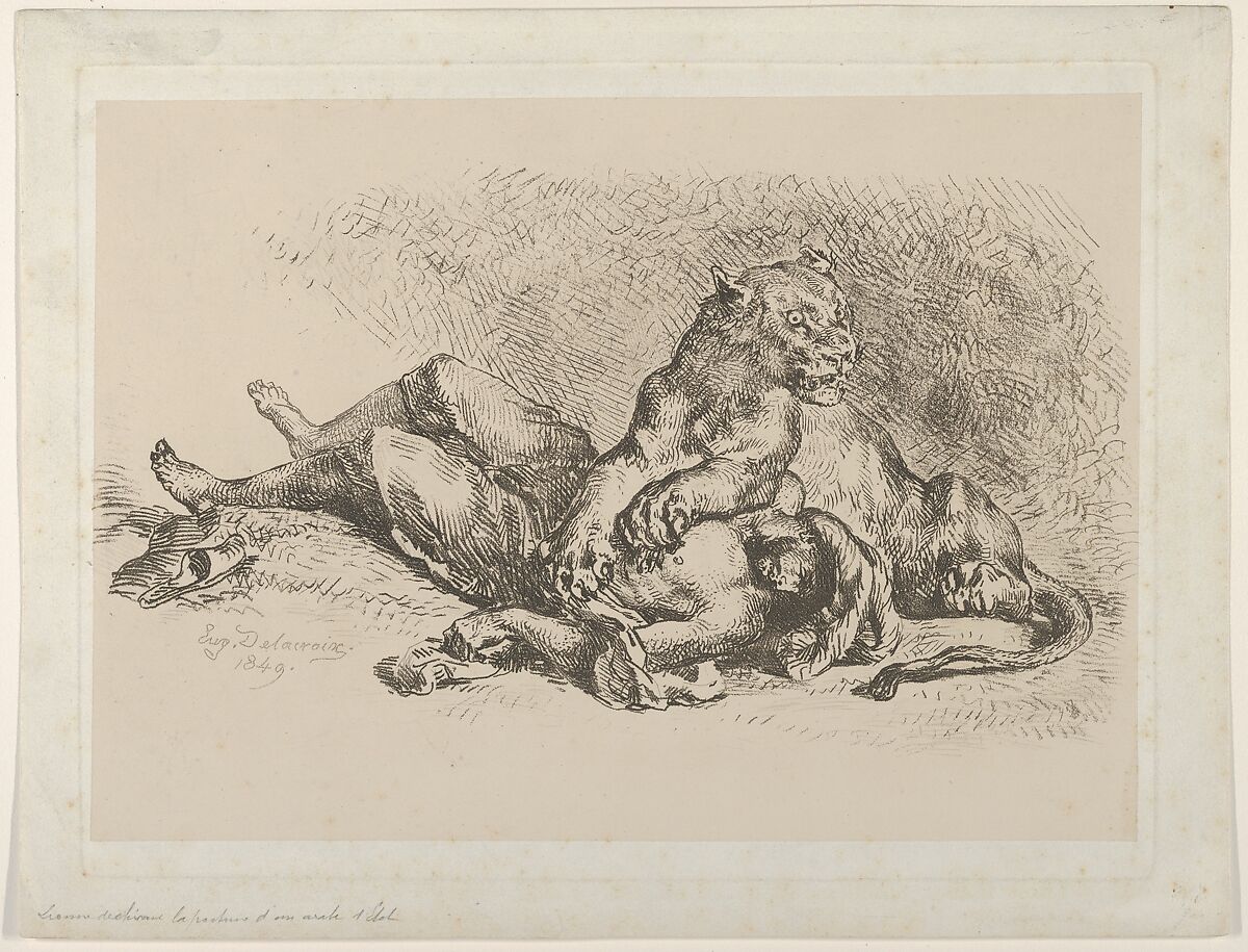 A Lioness Mauling the Chest of an Arab, Eugène Delacroix (French, Charenton-Saint-Maurice 1798–1863 Paris), Soft-ground etching and roulette on chine collé; first state of three 