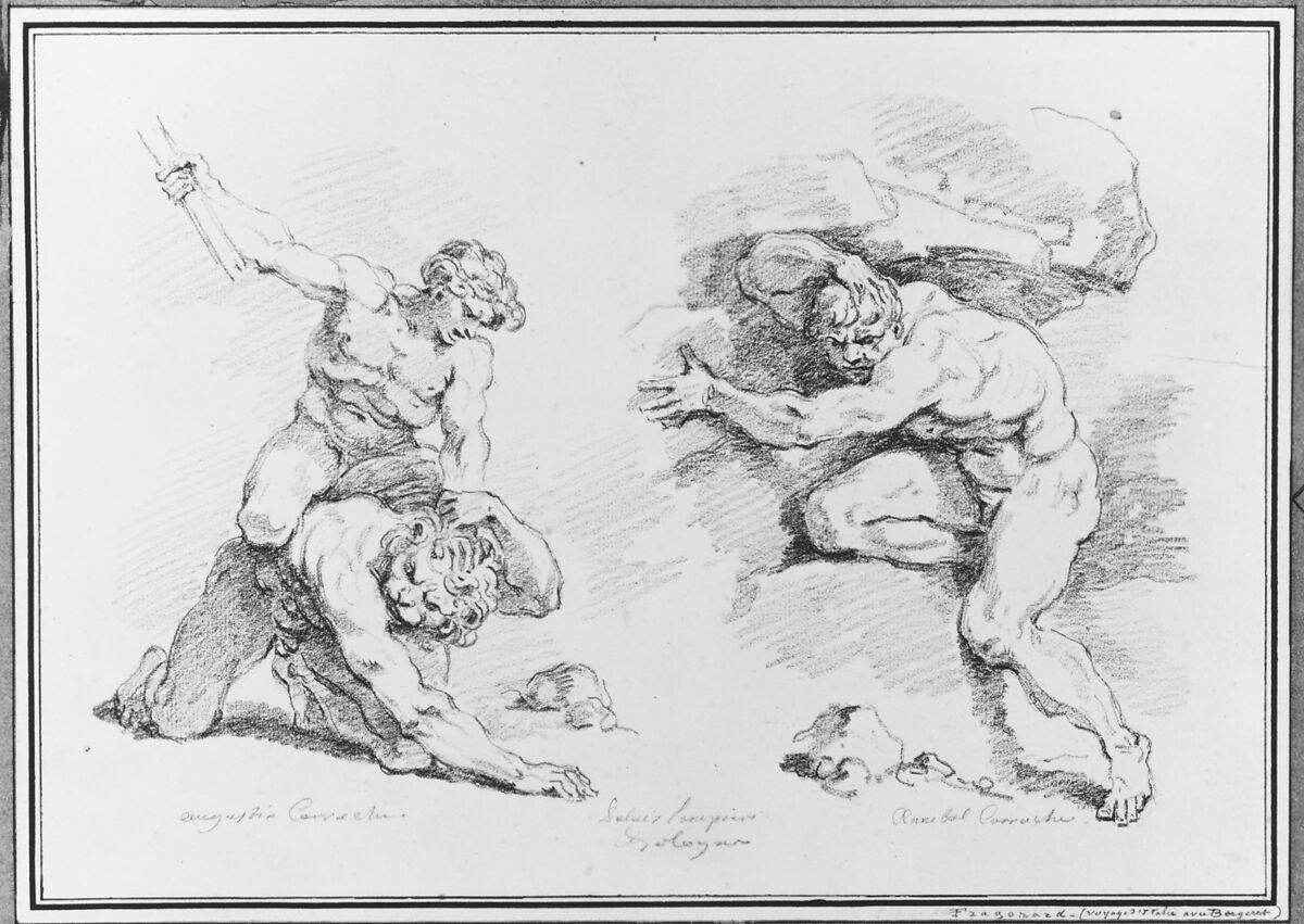 Hercules and Cacus, after Annibale Carracci, and the Destruction of Enceladus, after Agostino Carracci, Jean Honoré Fragonard (French, Grasse 1732–1806 Paris), Black chalk; framing lines in pen and brown ink