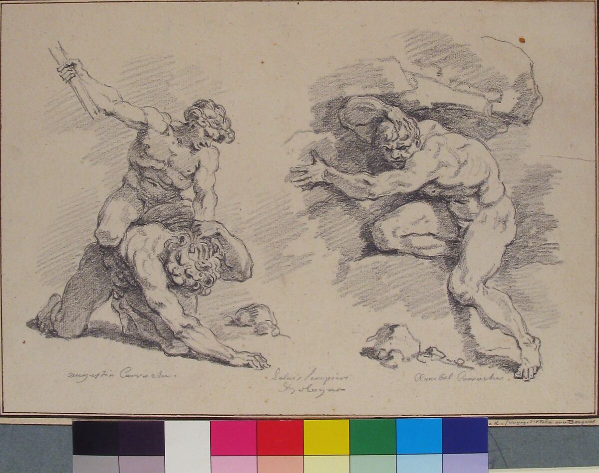 Hercules and Cacus, after Annibale Carracci, and the Destruction of Enceladus, after Agostino Carracci, Jean Honoré Fragonard (French, Grasse 1732–1806 Paris), Black chalk; framing lines in pen and brown ink
