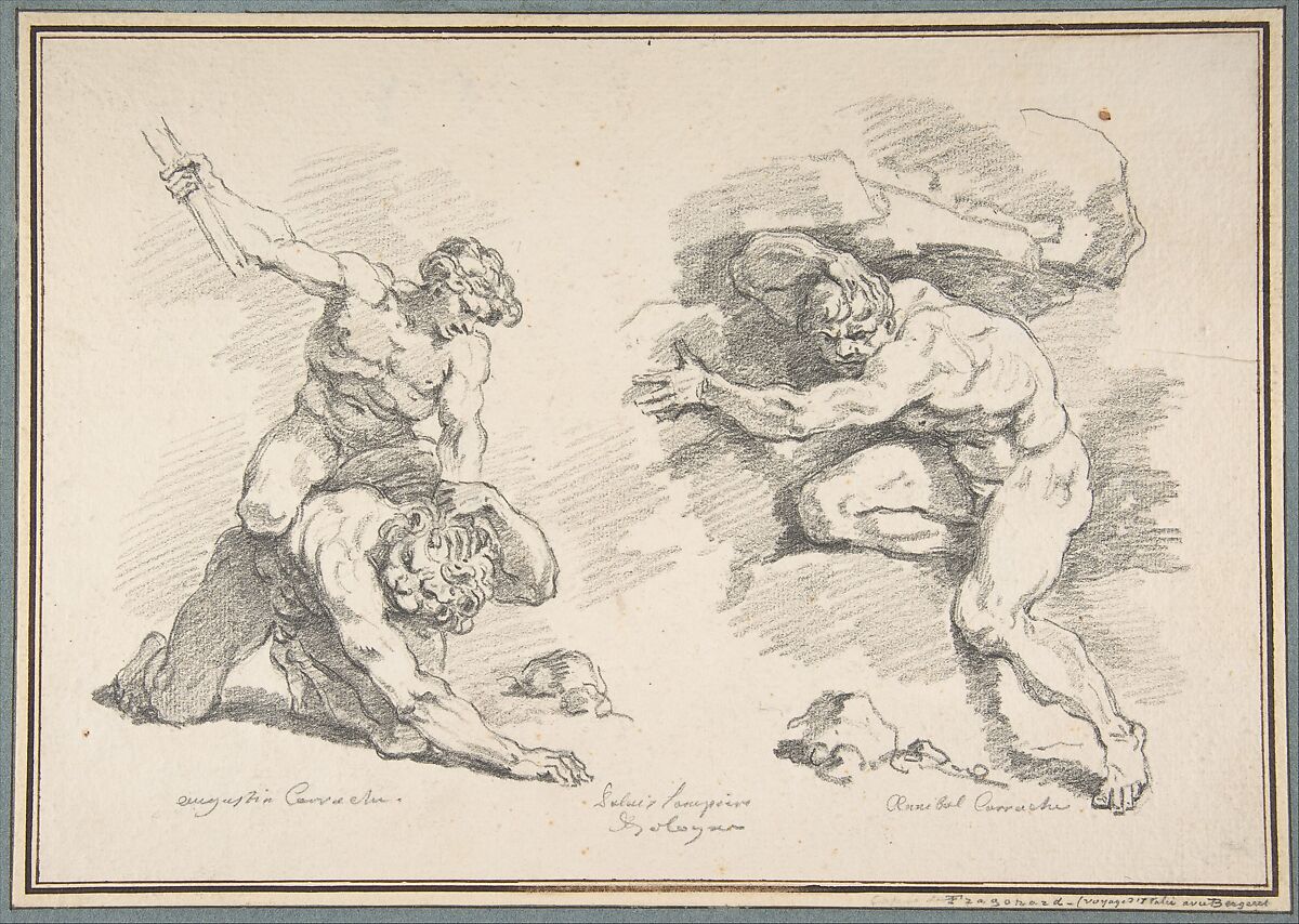 Hercules and Cacus, after Annibale Carracci, and the Destruction of Enceladus, after Agostino Carracci, Jean Honoré Fragonard  French, Black chalk; framing lines in pen and brown ink