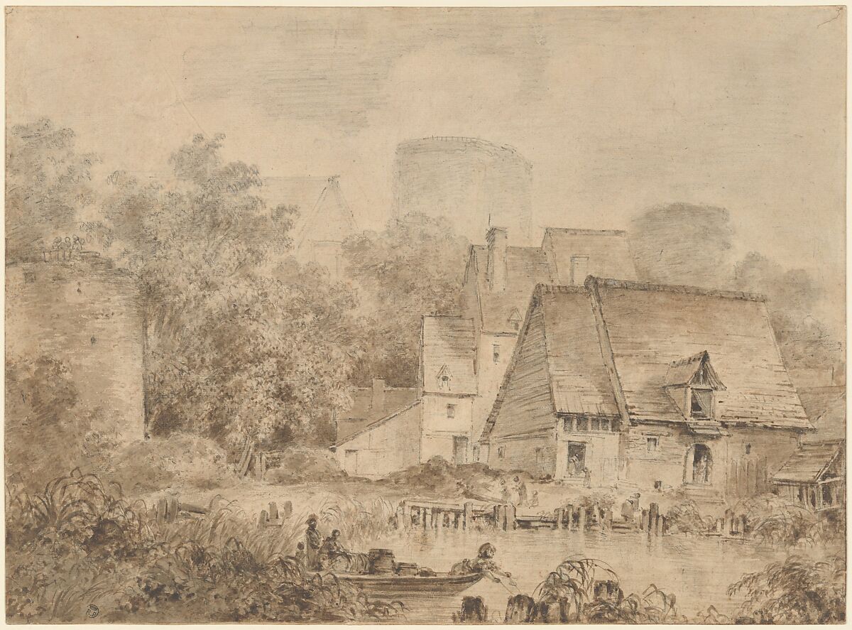 Farm Buildings beside a Waterway, Jean Honoré Fragonard (French, Grasse 1732–1806 Paris), Black chalk, pen and brown ink, brush and brown wash 