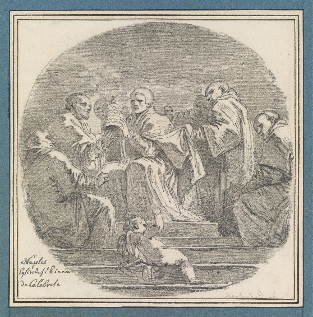 Saint Celestine V Renouncing the Papacy, after Mattia Preti, Jean Honoré Fragonard (French, Grasse 1732–1806 Paris), Black chalk, over a black chalk counterproof