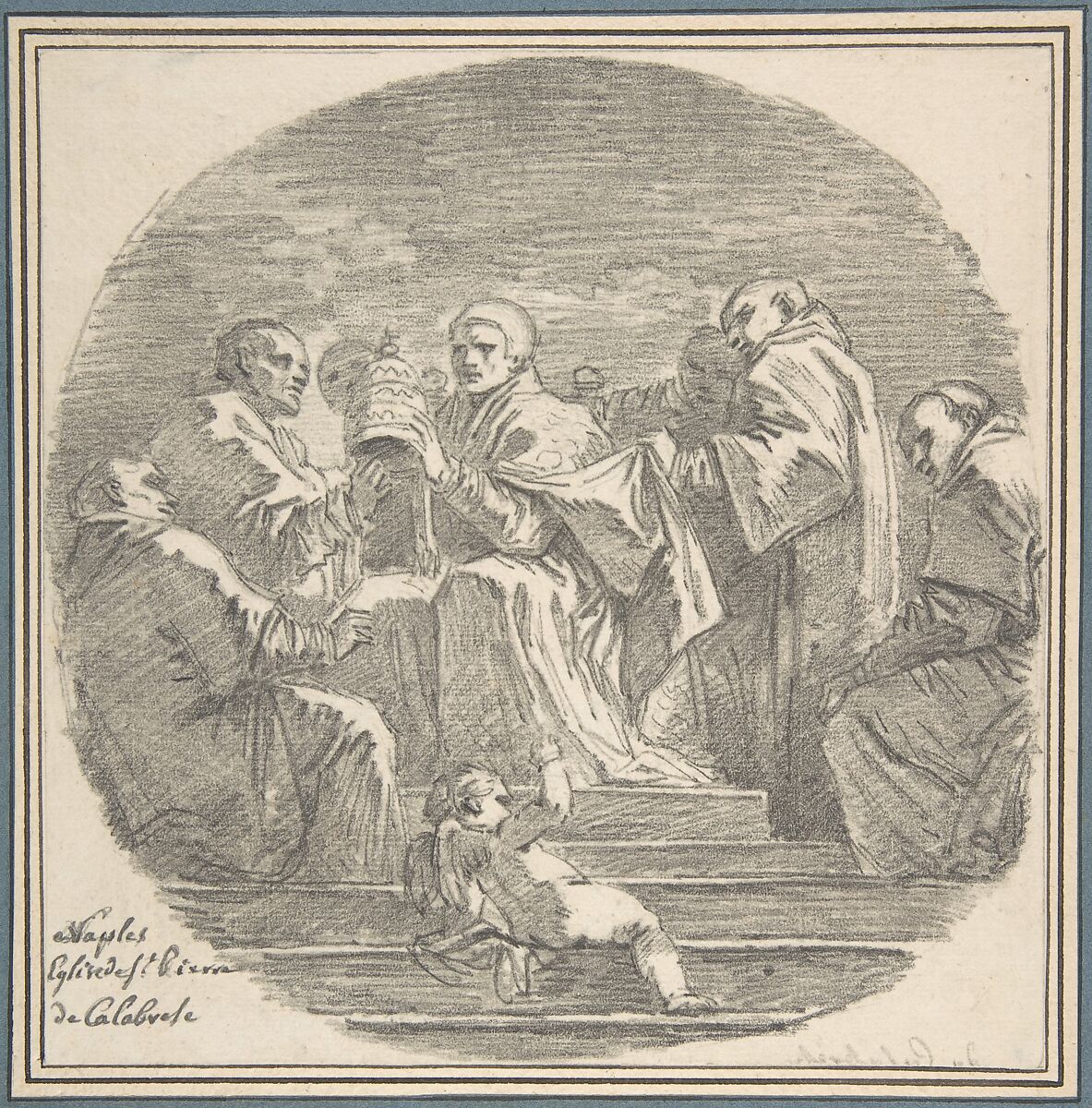Saint Celestine V Renouncing the Papacy, after Mattia Preti, Jean Honoré Fragonard (French, Grasse 1732–1806 Paris), Black chalk, over a black chalk counterproof 