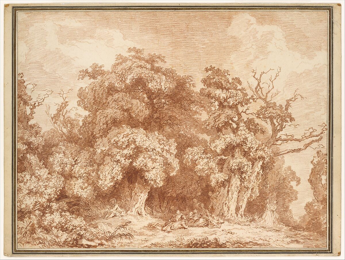 A Gathering at Wood's Edge, Jean Honoré Fragonard (French, Grasse 1732–1806 Paris), Red chalk 