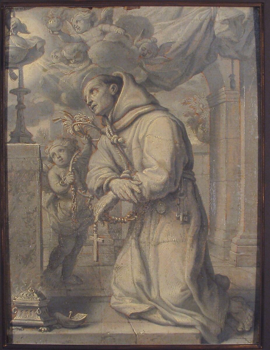 St. Paschal Baylon Adoring the Blessed Sacrament, Claude François (French, Amiens, 1615–1685), Pen and brown ink, gray and cream oil paint, on paper, mounted on wood