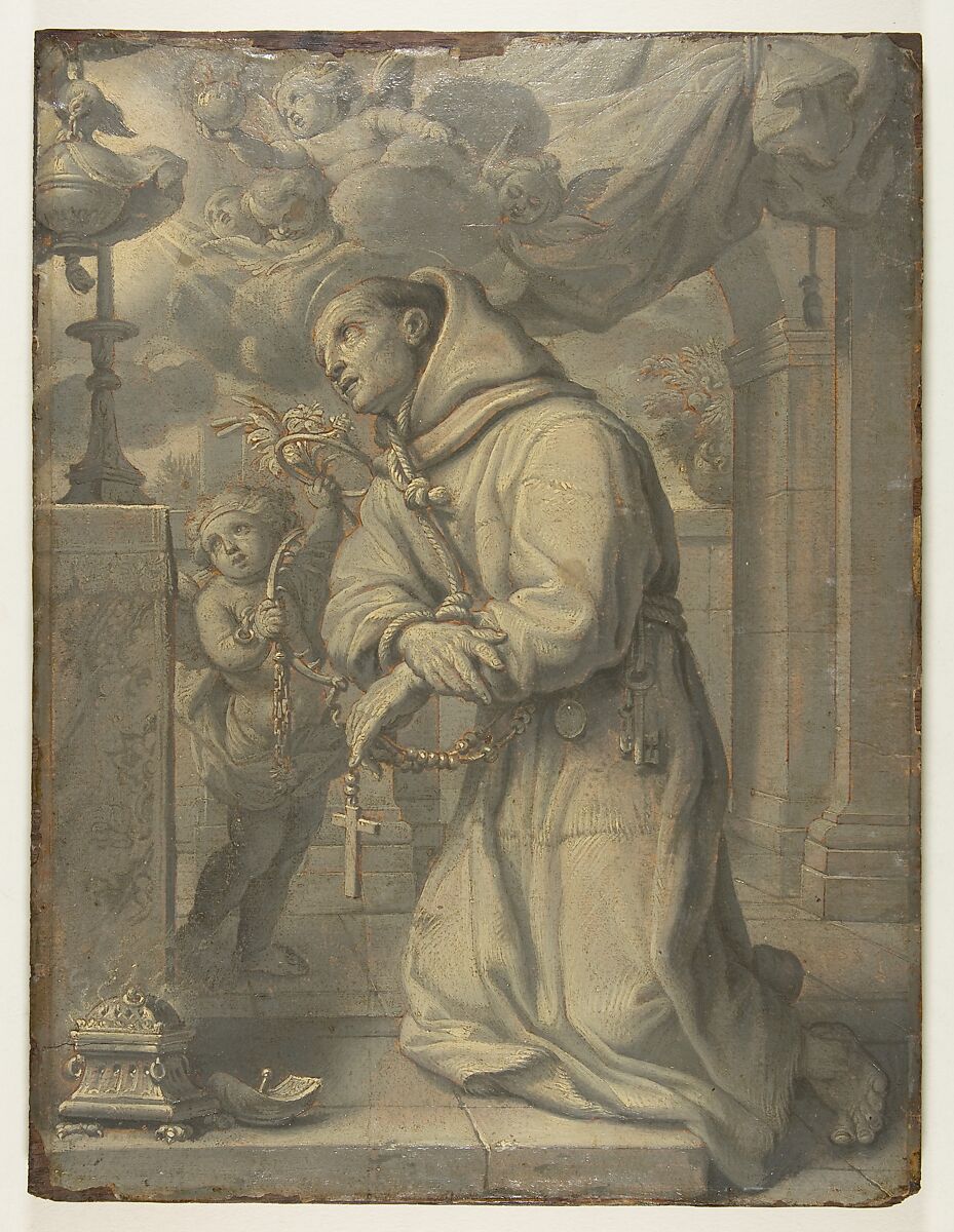St. Paschal Baylon Adoring the Blessed Sacrament, Claude François (French, Amiens, 1615–1685), Pen and brown ink, gray and cream oil paint, on paper, mounted on wood 