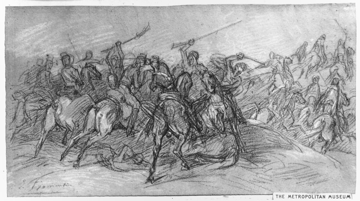 Arab Skirmish, Eugène Fromentin (French, La Rochelle 1820–1876 Saint-Maurice), Black and white chalk on brown gray paper