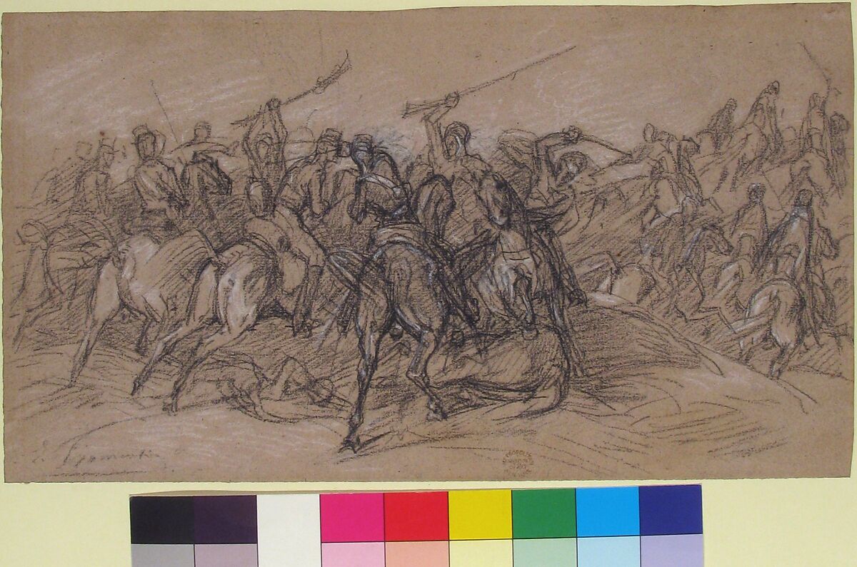 Arab Skirmish, Eugène Fromentin (French, La Rochelle 1820–1876 Saint-Maurice), Black and white chalk on brown gray paper