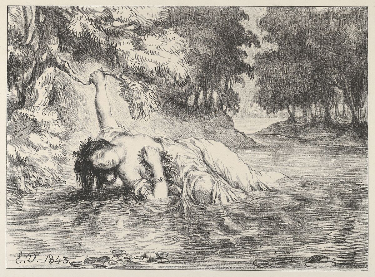 Death of Ophelia, Eugène Delacroix (French, Charenton-Saint-Maurice 1798–1863 Paris), Lithograph; first state of three 