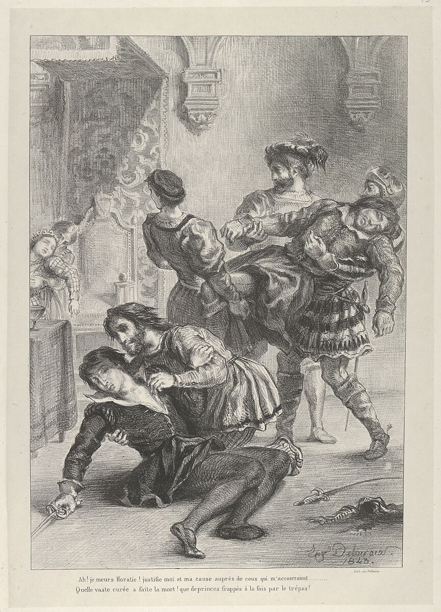 The Death of Hamlet, Eugène Delacroix (French, Charenton-Saint-Maurice 1798–1863 Paris), Lithograph; second state of three 