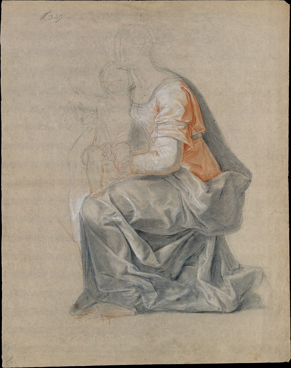 Kneeling Female Figure Holding a Child, Louis Galloche (French, Paris 1670–1761 Paris), Black, red and white chalk, stumped, on beige paper 