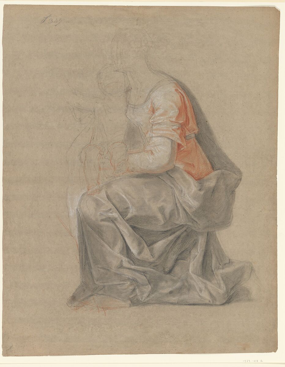 Kneeling Female Figure Holding a Child, Louis Galloche (French, Paris 1670–1761 Paris), Black, red and white chalk, stumped, on beige paper