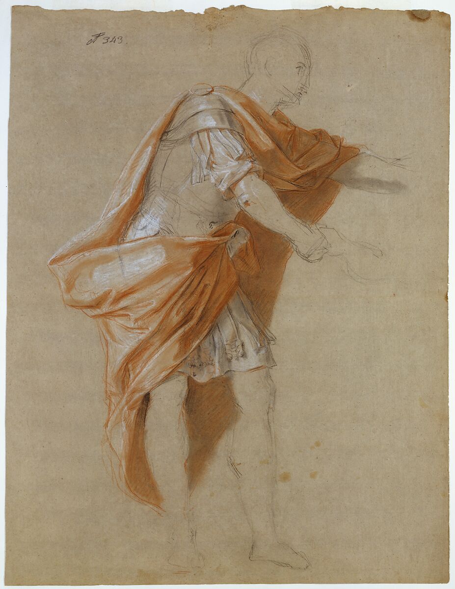Coriolanus Standing, Louis Galloche (French, Paris 1670–1761 Paris), Black, red and white chalk, stumped, on beige paper 