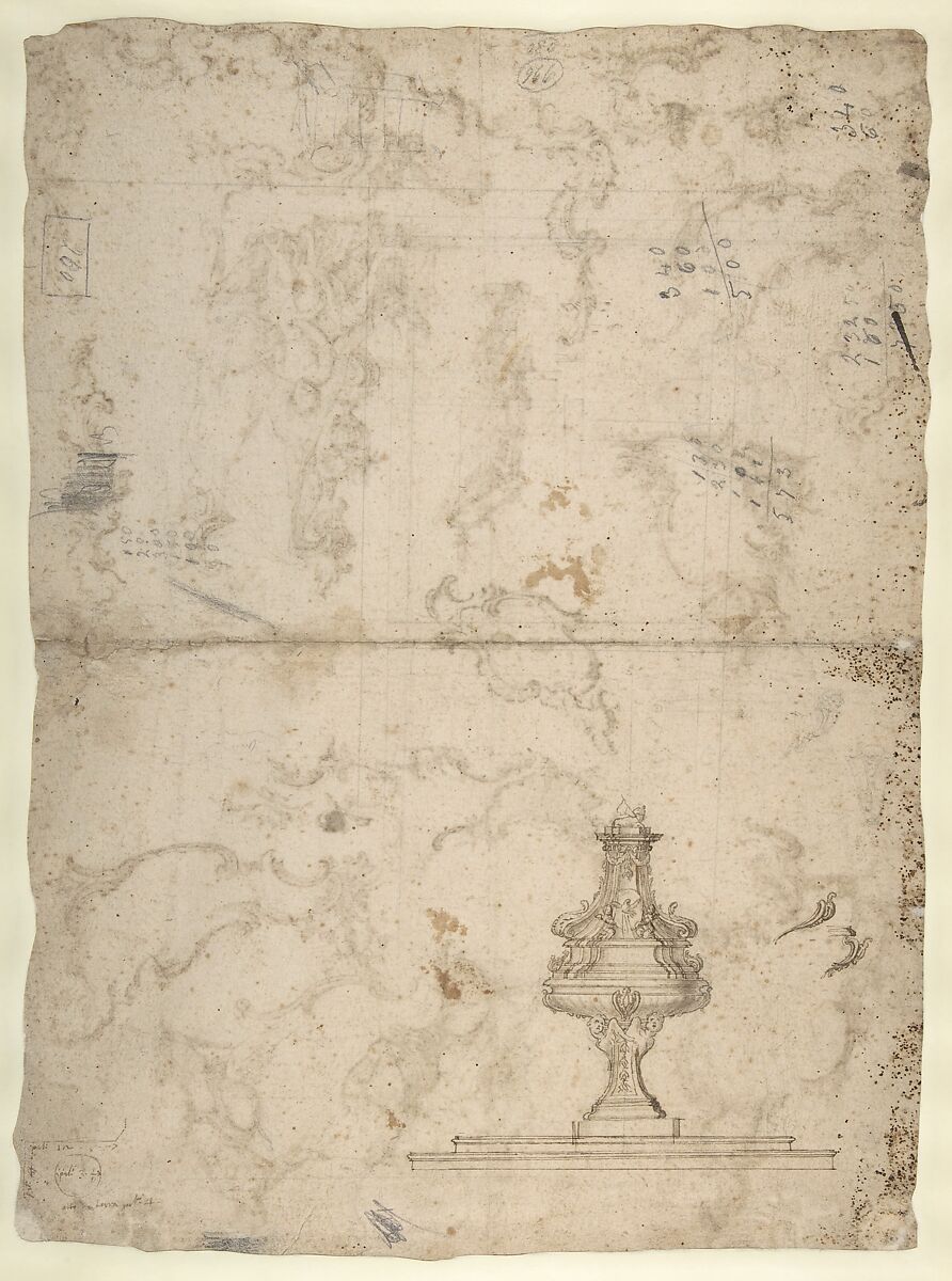 Studies for Figural Groups and Ornament (recto); Design for a Baptismal Font (verso), Anonymous, Italian, North Italy, 18th century, Pen and two colors of brown ink on cream paper (recto); pen and brown ink, brush and brown wash, and black chalk (verso)