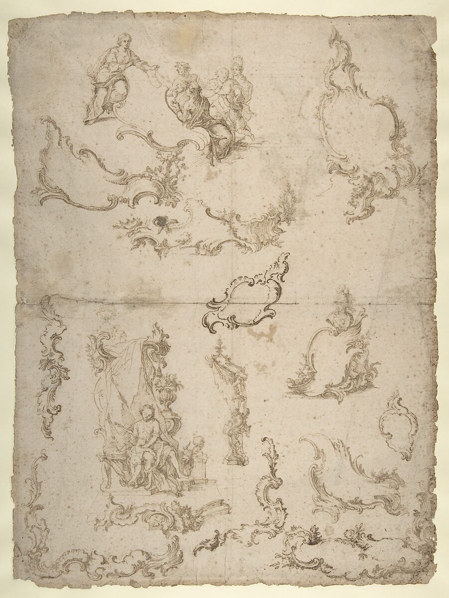 Studies for Figural Groups and Ornament (recto); Design for a Baptismal Font (verso), Anonymous, Italian, North Italy, 18th century, Pen and two colors of brown ink on cream paper (recto); pen and brown ink, brush and brown wash, and black chalk (verso) 