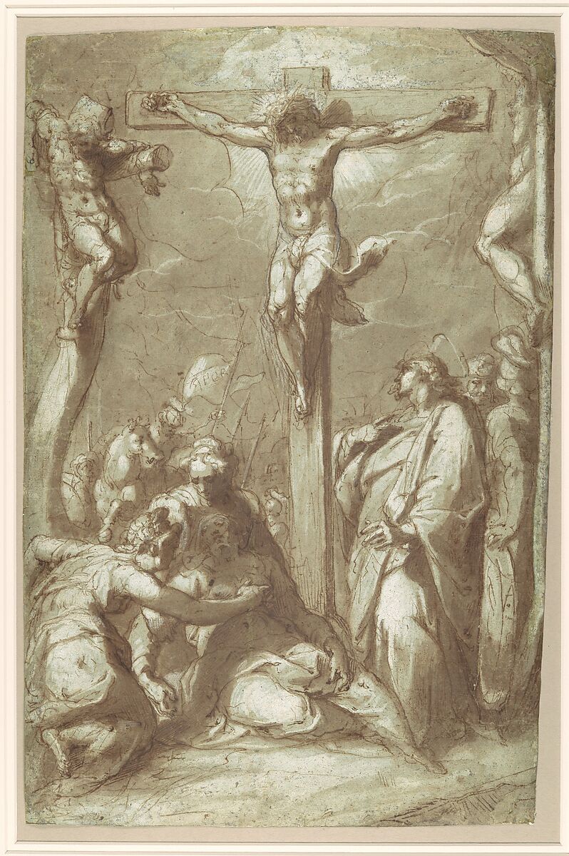 The Crucifixion of Christ, Hans Speckaert (Netherlandish, Brussels ca. 1540–1577 Rome), Pen and brown ink, brush and brown wash, heightened with white gouache on blue paper