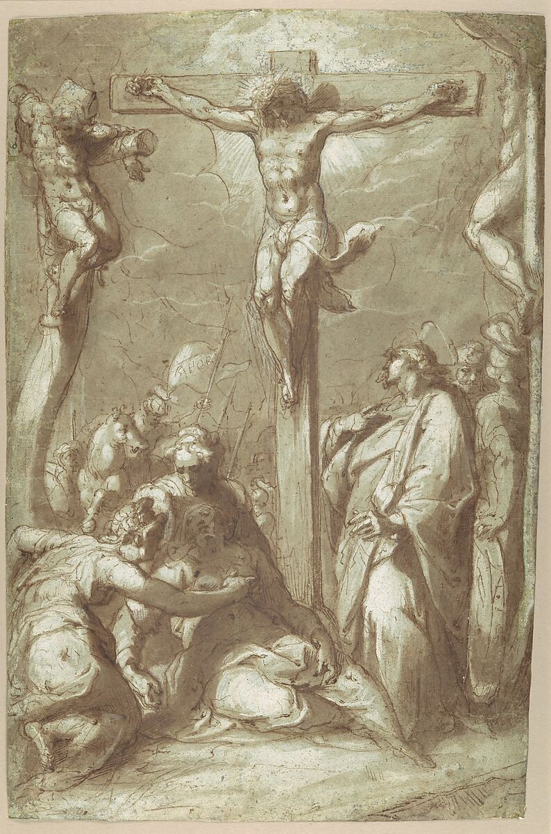The Crucifixion of Christ, Hans Speckaert (Netherlandish, Brussels ca. 1540–1577 Rome), Pen and brown ink, brush and brown wash, heightened with white gouache on blue paper