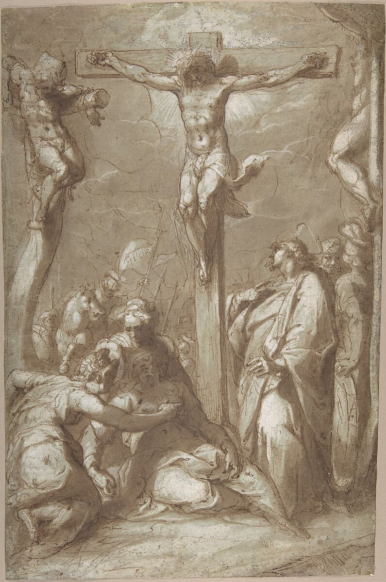 The Crucifixion of Christ, Hans Speckaert (Netherlandish, Brussels ca. 1540–1577 Rome), Pen and brown ink, brush and brown wash, heightened with white gouache on blue paper 