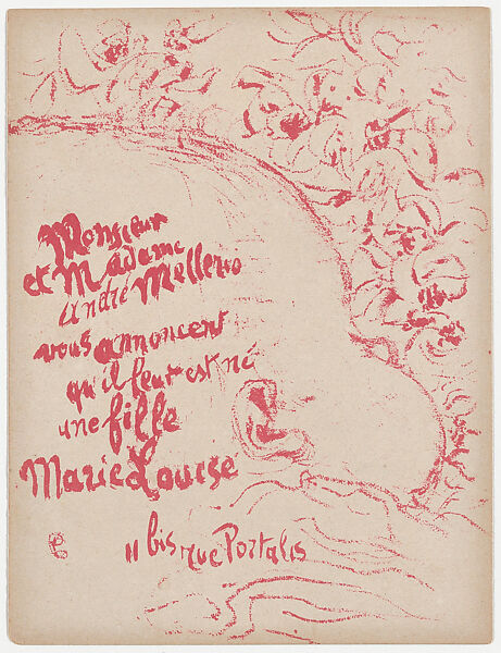Birth Announcement for Marie-Louise Mellerio, Pierre Bonnard (French, Fontenay-aux-Roses 1867–1947 Le Cannet), Color lithograph