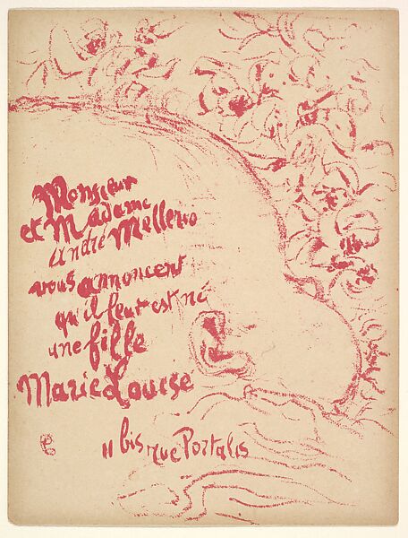 Birth Announcement for Marie-Louise Mellerio, Pierre Bonnard (French, Fontenay-aux-Roses 1867–1947 Le Cannet), Color lithograph 