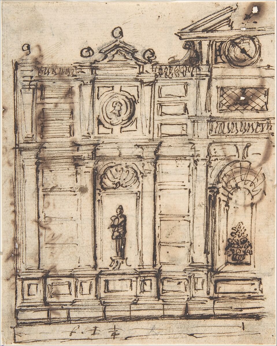 Left Half of a Design for Garden Architecture, Anonymous, Spanish, 17th century, Pen and dark brown ink over traces of black chalk; laid down on heavy cream paper 