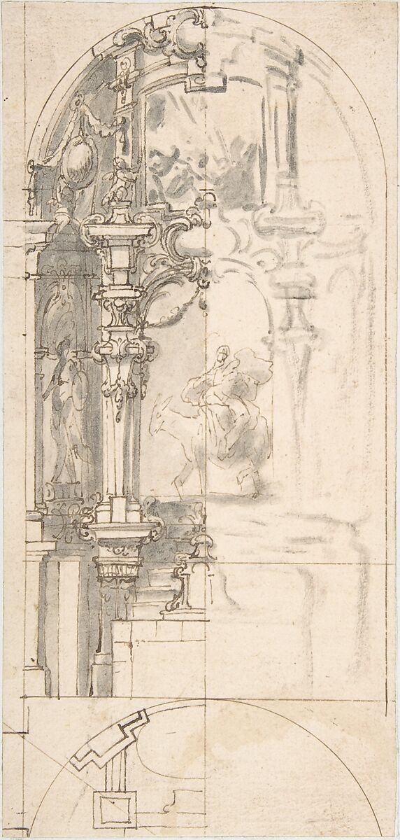 Design for a Chapel with Flight into Egypt as Altarpiece, Anonymous, Spanish, 17th century, Pen and brown ink, brush and gray wash, over traces of black chalk 