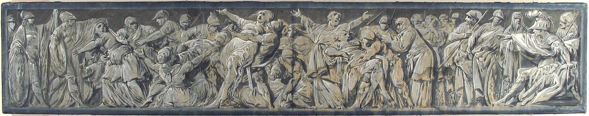 The Rape of the Sabines, Jacques Gamelin (French, Carcassonne 1738–1803 Carcassonne), Brush and blue-gray gouache, heightened with white, on beige paper.  Ruled framing lines in graphite; margins washed in blue.