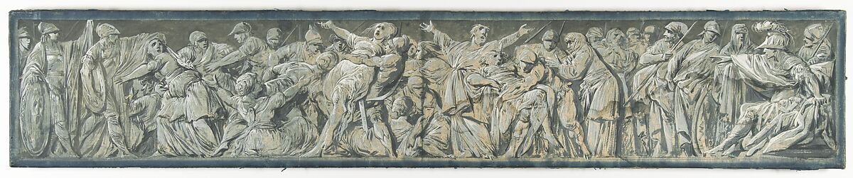 The Rape of the Sabines, Jacques Gamelin (French, Carcassonne 1738–1803 Carcassonne), Brush and blue-gray gouache, heightened with white, on beige paper.  Ruled framing lines in graphite; margins washed in blue. 