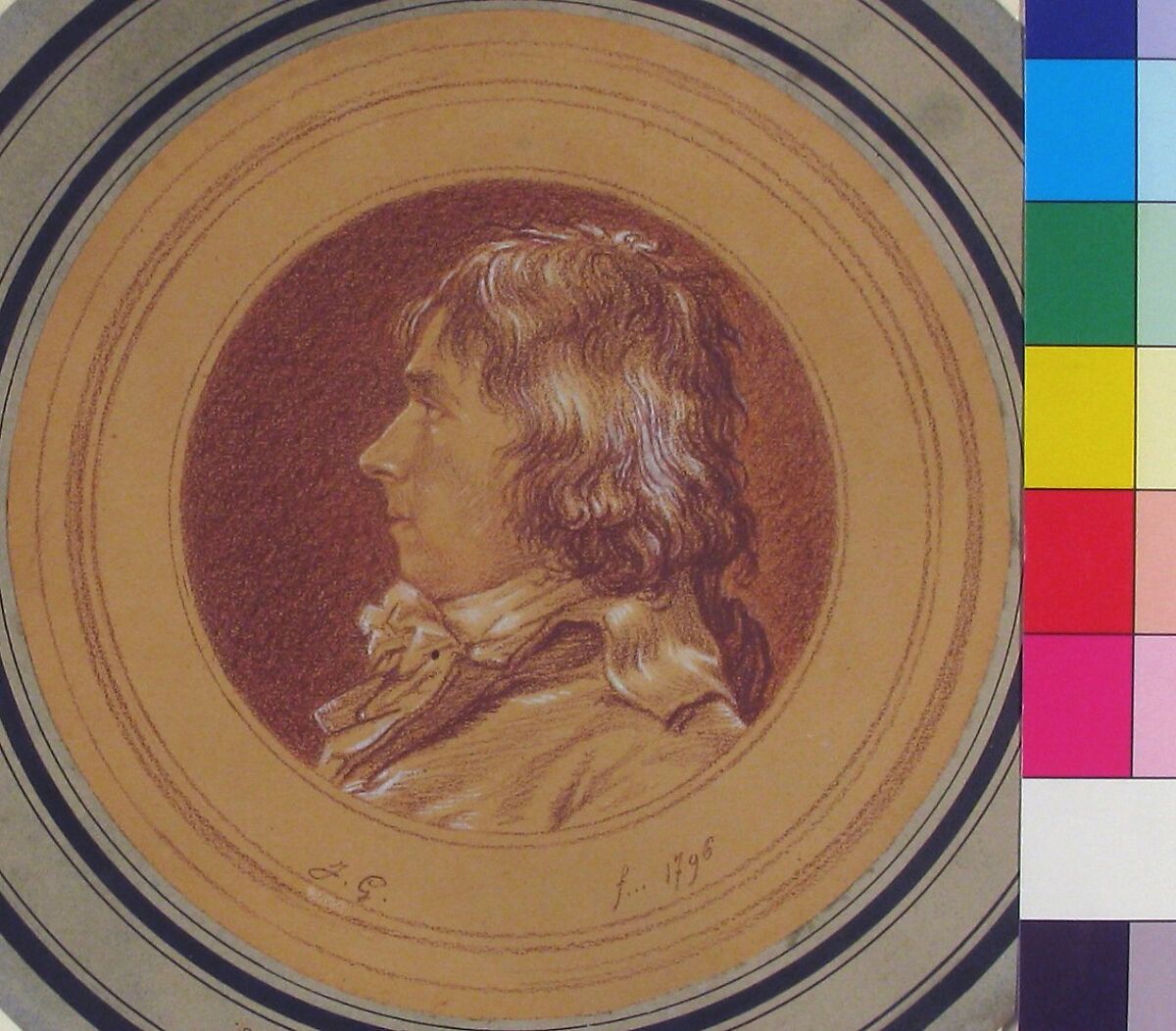 Bust of a Man in Profile to Left, Jacques Gamelin (French, Carcassonne 1738–1803 Carcassonne), Red chalk, heightened with white, on beige paper