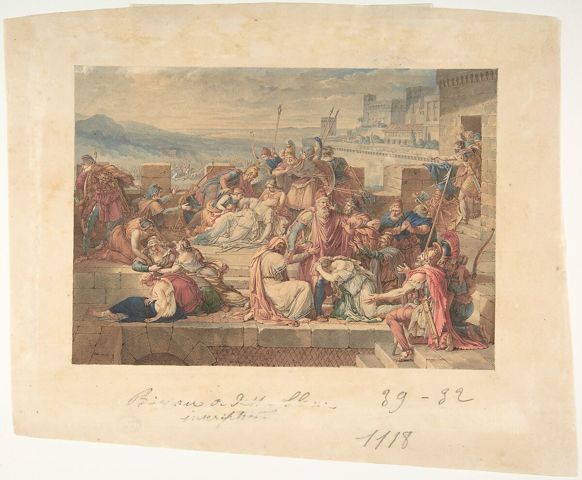 Priam and his Family Mourning the Death of Hector, Etienne Barthélemy Garnier (French, Paris 1759–1849 Paris), Watercolor over graphite. Varnished. 