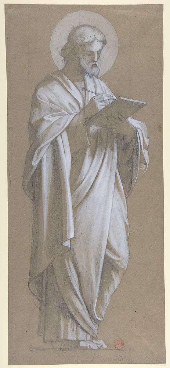 Saint Matthew, Camille-Auguste Gastine (French, Paris 1819–1867 Paris), Graphite and white gouache on gray-brown paper 