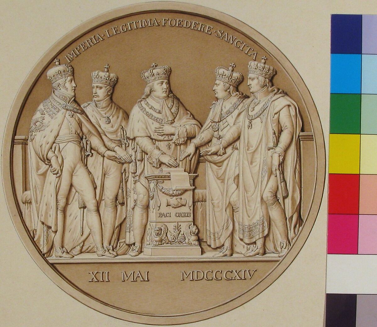 Design for a Medal Commemorating the Treaty of Paris, 1814, Jacques Edouard Gatteaux (French, Paris 1788–1881 Paris), Pen and brown ink, brush and brown wash