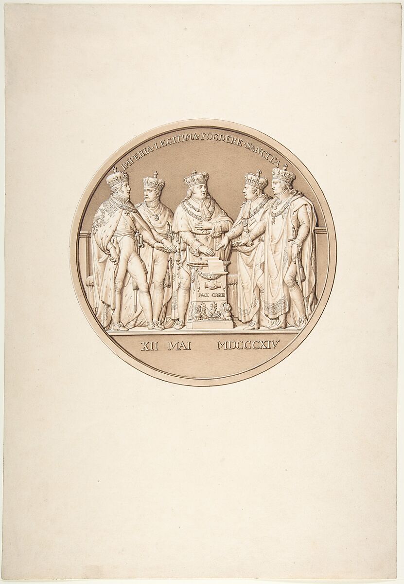 Design for a Medal Commemorating the Treaty of Paris, 1814, Jacques Edouard Gatteaux (French, Paris 1788–1881 Paris), Pen and brown ink, brush and brown wash 