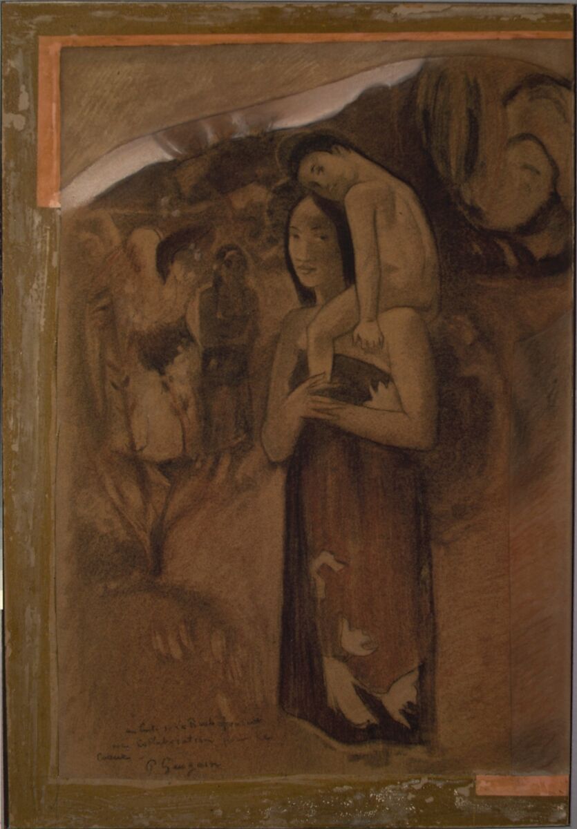 Hail Mary (Ia Orana Maria), Paul Gauguin (French, Paris 1848–1903 Atuona, Hiva Oa, Marquesas Islands), Fabricated charcoal, red chalk, and white pastel on formerly blue wove paper, mounted on millboard with strips of rose-colored wove paper along two edges