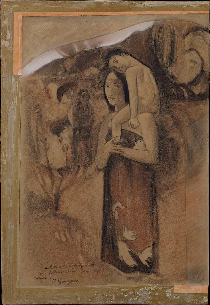 Hail Mary (Ia Orana Maria), Paul Gauguin (French, Paris 1848–1903 Atuona, Hiva Oa, Marquesas Islands), Fabricated charcoal, red chalk, and white pastel on formerly blue wove paper, mounted on millboard with strips of rose-colored wove paper along two edges 