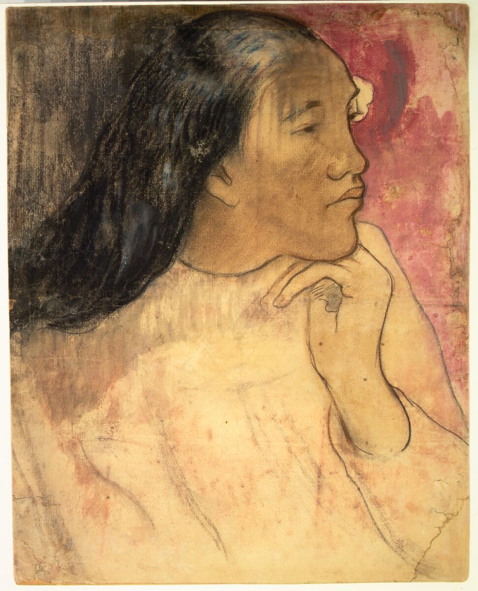 A Tahitian Woman with a Flower in Her Hair, Paul Gauguin (French, Paris 1848–1903 Atuona, Hiva Oa, Marquesas Islands), Charcoal, pastel, red chalk, and wash