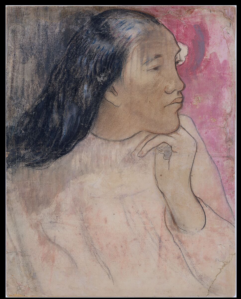 A Tahitian Woman with a Flower in Her Hair, Paul Gauguin (French, Paris 1848–1903 Atuona, Hiva Oa, Marquesas Islands), Charcoal, pastel, red chalk, and wash 